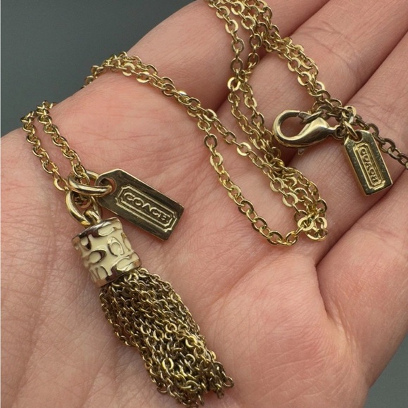 Coach Gold Tone Enamel Logo Tassel Fringe Pendant Necklace - Picture 3 of 11